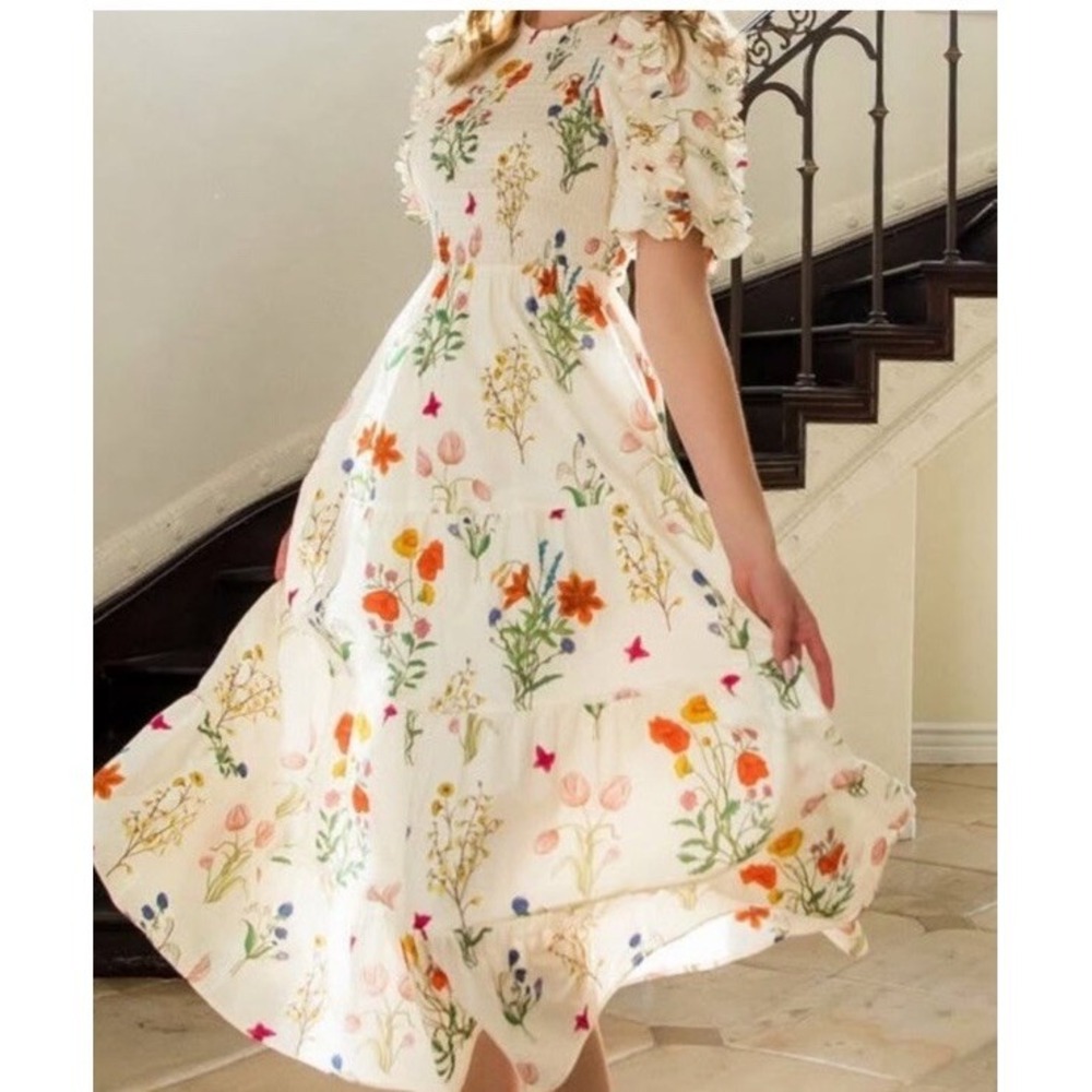 THML Floral Midi Dress Women's Medium Smocked Bodice Puff Sleeve Cottagecore